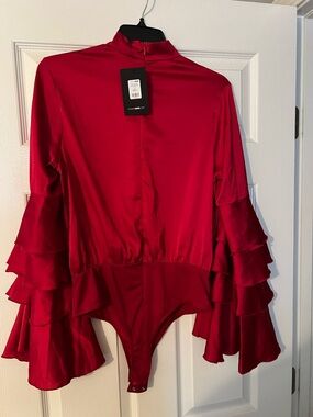 Fashion Nova Red Tiered Ruffle Sleeve Bodysuit